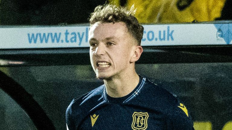 LIVINGSTON, SCOTLAND - JANUARY 27: Dundee's Michael Mellon celebrates after his goal to make it 4-1 is awarded following a VAR check during a cinch Premiership match between Livingston and Dundee at the Tony Macaroni Arena, on January 27, 2024, in Livingston, Scotland. (Photo by Paul Devlin / SNS Group)