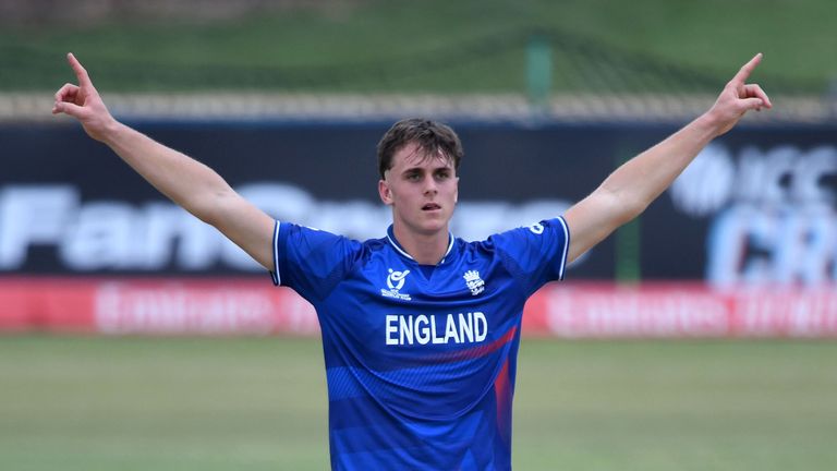 England's Eddie Jack celebrates the wicket of South Africa's Tristan Luus 