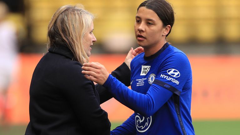 Chelsea Women&#39;s manager Emma Hayes and striker Sam Kerr