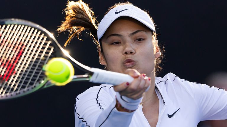 Emma Raducanu of Britain hits a return during her singles match at the ASB Classic tennis tournament in Auckland, New Zealand, Tuesday, Jan. 2, 2024. (Brett Phibbs/Photosport via AP)