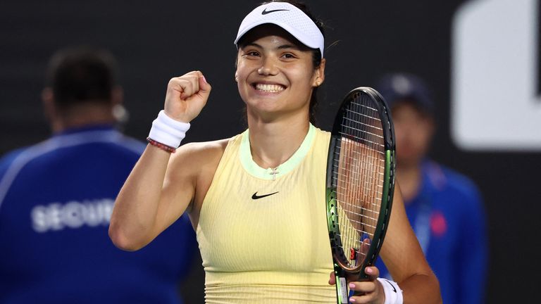 Britain's Emma Raducanu celebrates after victory against USA's Shelby Rogers in their women's singles match on day three of the Australian Open tennis tournament in Melbourne on January 16, 2024. (Photo by David GRAY / AFP) / -- IMAGE RESTRICTED TO EDITORIAL USE - STRICTLY NO COMMERCIAL USE --