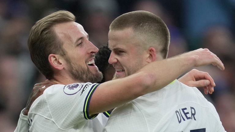 Tottenham's Harry Kane, left, celebrates with Tottenham's Eric Dier after scoring the opening goal during an English Premier League soccer match between Tottenham Hotspur and Manchester City at the Tottenham Hotspur Stadium in London, Sunday, Feb. 5, 2023. (AP Photo/Kin Cheung)