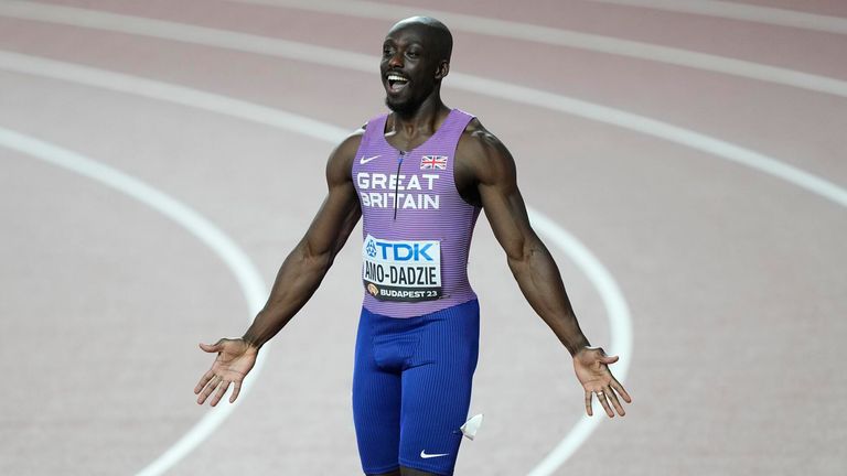 Eugene Amo-Dadzie, of Great Britain, reacts after the Men&#39;s 100m heat at the 2023 World Athletics Championships in Budapest (AP Photo/Martin Meissner)