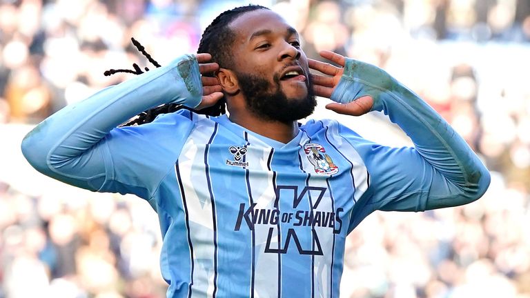 Kasey Palmer celebrates after scoring for Coventry City