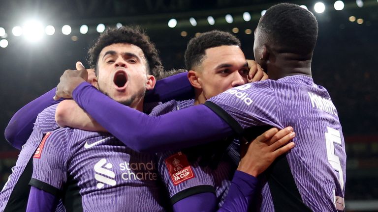 Luis Diaz and Trent Alexander-Arnold lead the celebrations after Liverpool take the lead at Arsenal through a Jakub Kiwior own goal