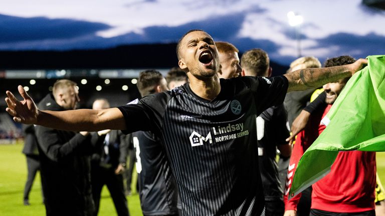 INVERNESS, SCOTLAND - MAY 05: Ayr's Frankie Musonda celebrates at full time during a cinch Championship match between Inverness Caledonian Thistle and Ayr United at the Caledonian Stadium, on May 05, 2023, in Inverness, Scotland. (Photo by Paul Devlin / SNS Group)