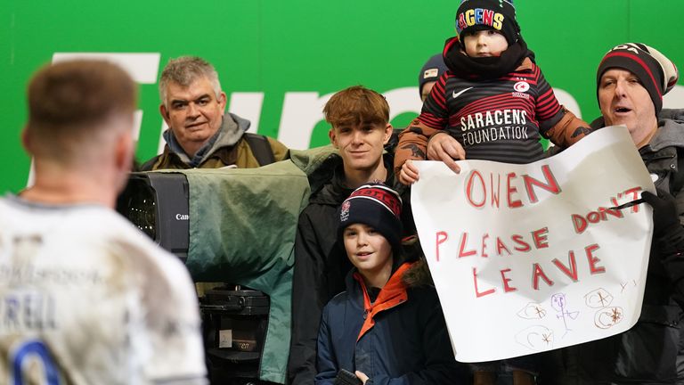 A young fan with a message for Owen Farrell at Saracens' match against Leicester 