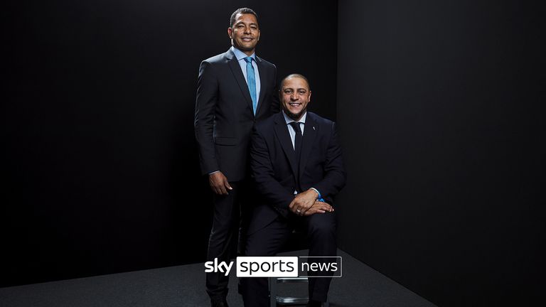 MILAN, ITALY - SEPTEMBER 23: FIFA Legends Roberto Carlos and Gilberto Silva of Brazil poses for a portrait in the photo booth prior to The Best FIFA Football Awards 2019 at Excelsior Hotel Gallia on September 23, 2019 in Milan, Italy. (Photo by Michael Regan - FIFA/FIFA via Getty Images