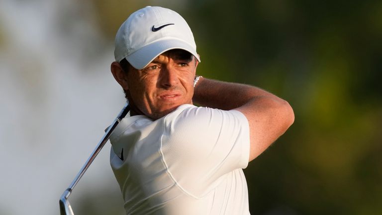 Rory McIlroy of Northern Ireland plays his second shot on 18th hole during the final round of the Hero Dubai Desert Classic golf tournament, in Dubai, United Arab Emirates, Sunday, Jan. 21, 2024. (AP Photo/Kamran Jebreili)