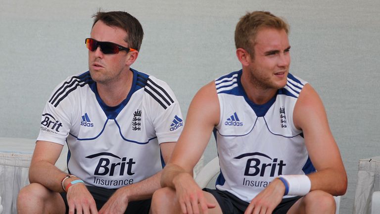 England's Graeme Swann, left, and Stuart Broad during a practice session in Ahmadabad in 2012