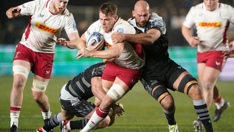 Harlequins' Alex Dombrandt in action with Newcastle Falcons' Kiren McDonald