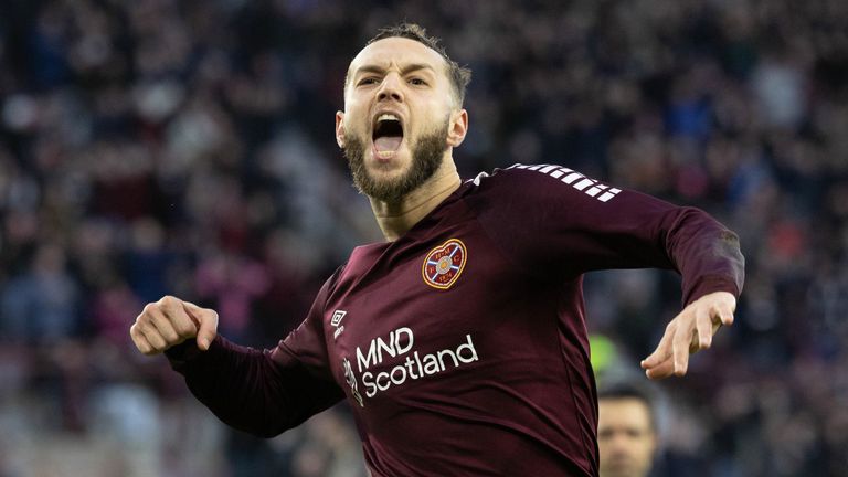EDINBURGH, SCOTLAND - JANUARY 27: Hearts' Jorge Grant celebrates after scoring to make it 1-0 during a cinch Premiership match between Heart of Midlothian and Aberdeen at Tynecastle Stadium, on January 27, 2024, in Edinburgh, Scotland. (Photo by Mark Scates / SNS Group)