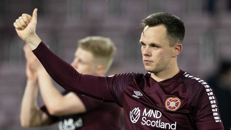 EDINBURGH, SCOTLAND - JANUARY 27: Hearts' Lawrence Shankland at full time during a cinch Premiership match between Heart of Midlothian and Aberdeen at Tynecastle Stadium, on January 27, 2024, in Edinburgh, Scotland. (Photo by Mark Scates / SNS Group)
