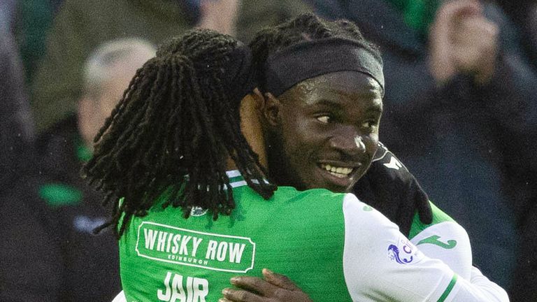 EDINBURGH, SCOTLAND - JANUARY 02: Hibernian's Elie Youan celebrates with Jair Tavares after making it 1-0 during a cinch Premiership match between Hibernian and Motherwell at Easter Road, on January 02, 2024, in Edinburgh, Scotland. (Photo by Mark Scates / SNS Group)