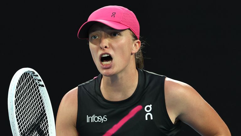 Iga Swiatek of Poland reacts in their round three singles match against Linda Noskova of the Czech Republic during the 2024 Australian Open at Melbourne Park on January 20, 2024 in Melbourne, Australia. (Photo by Cameron Spencer/Getty Images)