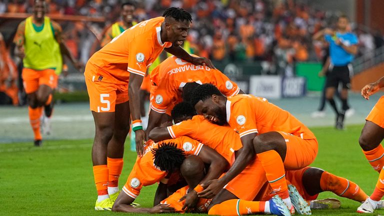 January 13 2024: Seko Mohamed Fofana (Ivory Coast) celebrates the teams first goal during a African Cup of Nations Group A game, Ivory Coast vs Guinea Bissau, at Stade Olympique Alassane Ouattara, Abidjan, Ivory Coast. Kim Price/CSM (Credit Image: .. Kim Price/Cal Sport Media) (Cal Sport Media via AP Images)