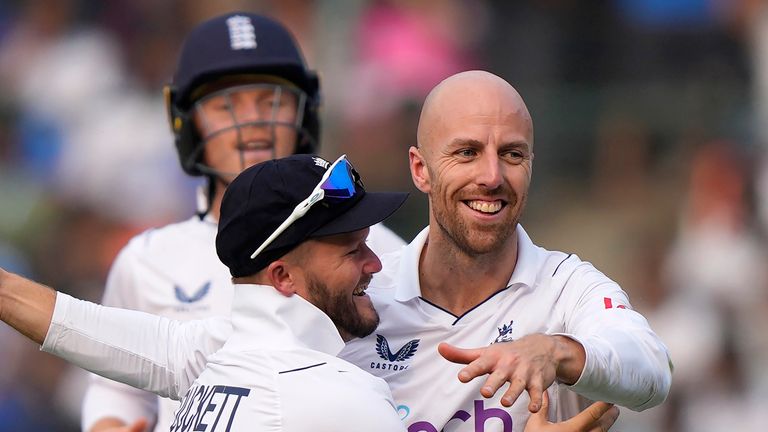 England spinner Jack Leach celebrates the wicket of India captain Rohit Sharma (Associated Press)