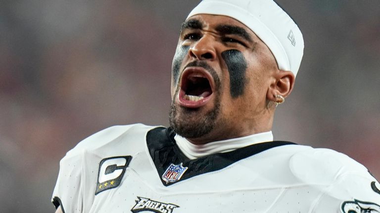 Philadelphia Eagles quarterback Jalen Hurts reacts prior to an NFL football game against the Tampa Bay Buccaneers, Monday, Jan. 15, 2024, in Tampa, Fla. (AP Photo/Chris O&#39;Meara)