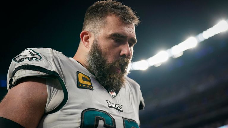 Philadelphia Eagles center Jason Kelce (62) after an NFL football game against the New York Giants, Sunday, Jan. 8, 2024, in East Rutherford, N.J. (AP Photo/Bryan Woolston)