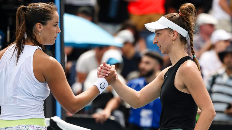14 January 2024, Australia, Melbourne: Tennis: Grand Slam - Australian Open; singles, women, 1st round; Burrage (Great Britain) against Korpatsch (Germany); in Melbourne Park: Tamara Korpatsch (r) and Jodie Burrage shake hands after the match. Photo by: Frank Molter/picture-alliance/dpa/AP Images