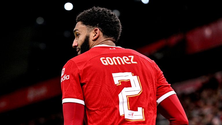 Joe Gomez of Liverpool during the Carabao Cup Semi Final First Leg match between Liverpool and Fulham at Anfield on January 10, 2024 in Liverpool, England. (Photo by Andrew Powell/Liverpool FC via Getty Images)