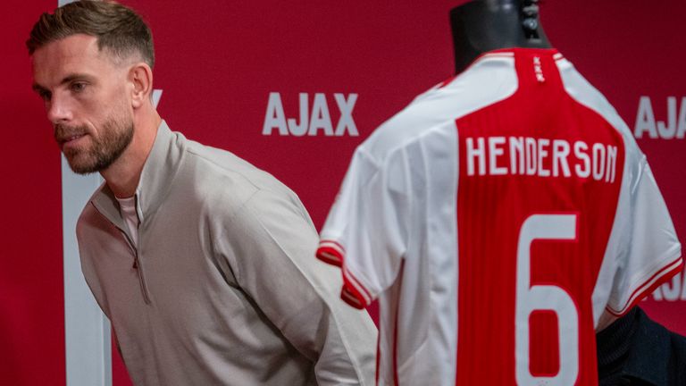 England midfielder Jordan Henderson arrives for a news conference in Amsterdam, Netherlands, Friday, Jan. 19, 2024. The lucrative Saudi soccer league lost one of its high-profile players when Henderson quit Al-Ettifaq to sign for struggling Dutch powerhouse Ajax. (AP Photo/Peter Dejong)