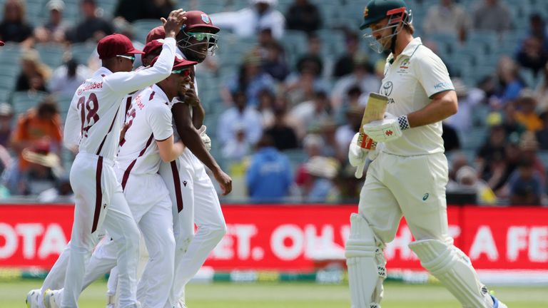 West Indies&#39; Justin Greaves took a catch to dismiss Australia&#39;s Mitchell Marsh for five