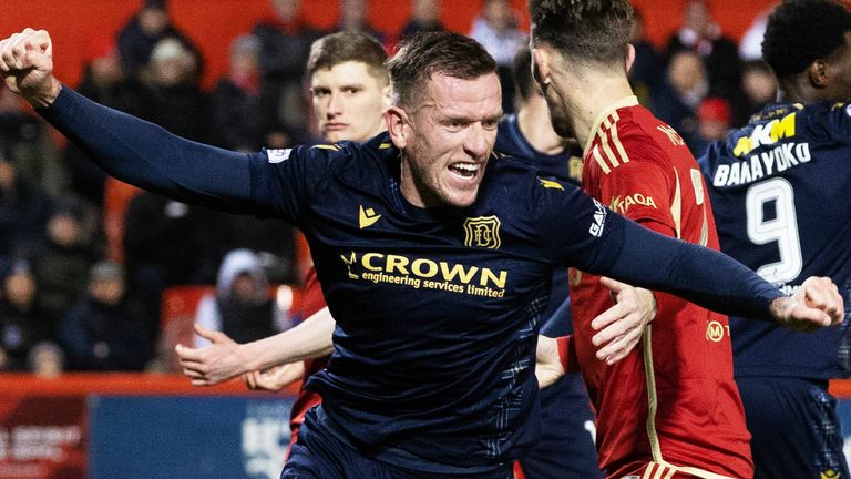 ABERDEEN, SCOTLAND - JANUARY 30: Dundee...s Lee Ashcroft celebrates after scoring to make it 1-1 during a cinch Premiership match between Aberdeen and Dundee at Pittodrie Stadium, on January 30, 2024, in Aberdeen, Scotland. (Photo by Alan Harvey / SNS Group)