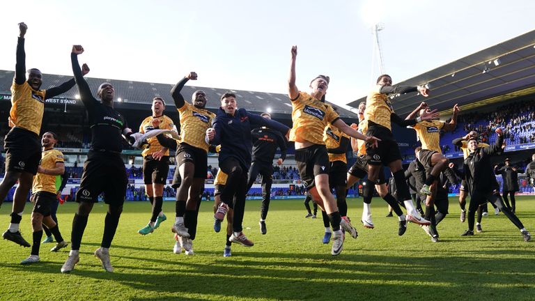 Maidstone United players and staff celebrate the win after the Emirates FA Cup fourth round match at Portman Road, Ipswich. Picture date: Saturday January 27, 2024.