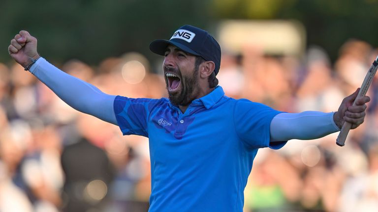 Matthieu Pavon reacts after winning on the 18th hole during the final round of the Farmers Insurance Open at Torrey Pines South in San Diego, California