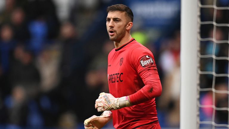 Burton Albion's Max Crocombe in action during the Sky Bet League One match between Bolton Wanderers and Burton Albion at University of Bolton Stadium on January 1, 2024 in Bolton, England. 