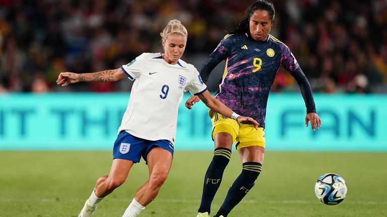 Mayra Ramirez, right, in action for Colombia against England at the 2023 Women's World Cup