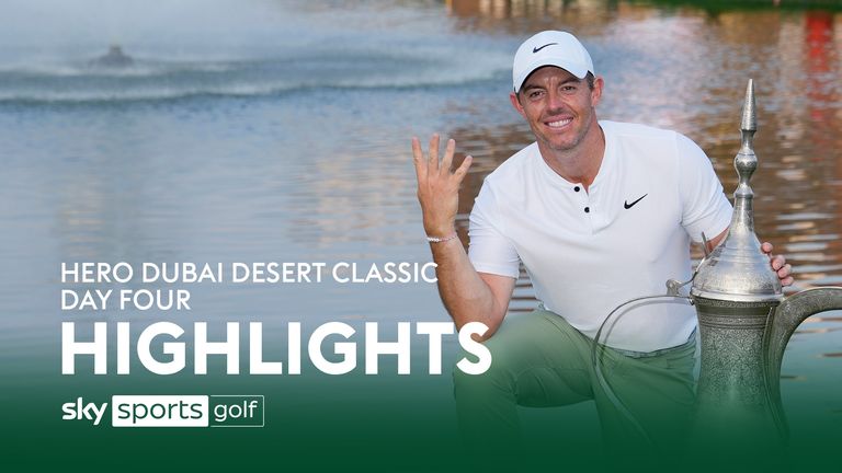 Rory McIlroy of Northern Ireland poses with his trophy after he won the final round of the Hero Dubai Desert Classic golf tournament, in Dubai, United Arab Emirates, Sunday, Jan. 21, 2024. 