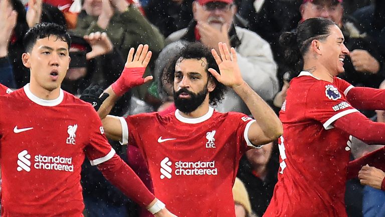 Mo Salah celebrates with his Liverpool team-mates