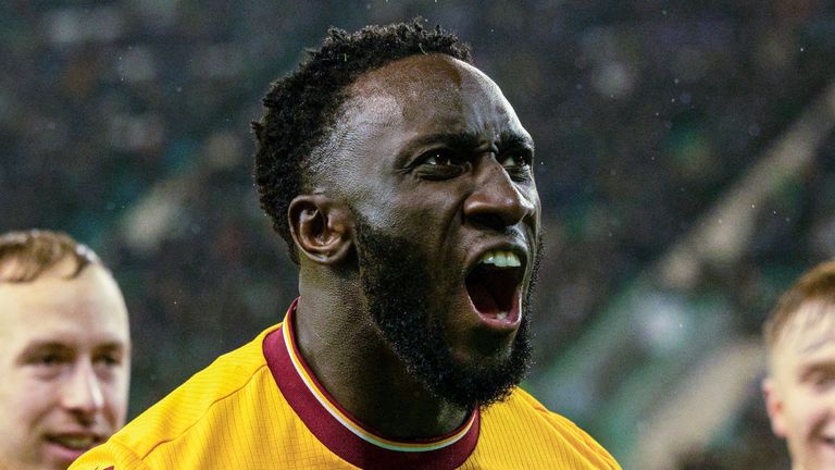 EDINBURGH, SCOTLAND - JANUARY 02: Motherwell's Bevis Mugabi celebrates after making it 2-1 during a cinch Premiership match between Hibernian and Motherwell at Easter Road, on January 02, 2024, in Edinburgh, Scotland. (Photo by Mark Scates / SNS Group)