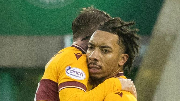 EDINBURGH, SCOTLAND - JANUARY 02: Motherwell's Theo Bair celebrates after making it 1-1 during a cinch Premiership match between Hibernian and Motherwell at Easter Road, on January 02, 2024, in Edinburgh, Scotland. (Photo by Mark Scates / SNS Group)