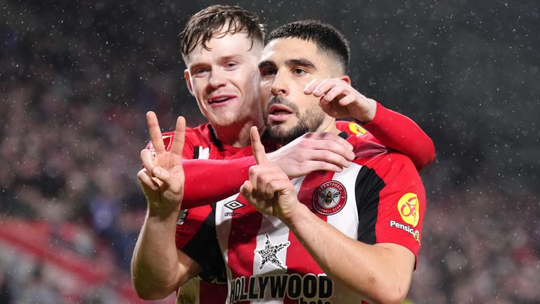 Brentford's Neal Maupay celebrates with Keane Lewis-Potter after scoring their side's first goal vs Wolves
