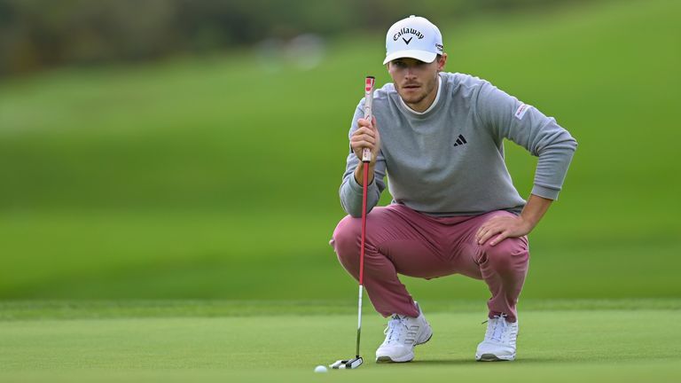 January 24, 2024: Nicolai Hojgaard lines up a putt on the 6th hole during the first round of the Farmers Insurance Open at Torrey Pines South in San Diego, California. Justin Fine/CSM (Credit Image: .. Justin Fine/Cal Sport Media) (Cal Sport Media via AP Images)