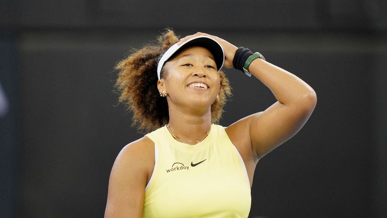 Former world No. 1 women's tennis player Naomi Osaka of Japan smiles after beating Tamara Korpatsch of Germany in the first round of the Brisbane International in Brisbane, Australia, on Jan. 1, 2024, marking her first tournament since giving birth to her daughter in July 2023. (Kyodo via AP Images) ==Kyodo


