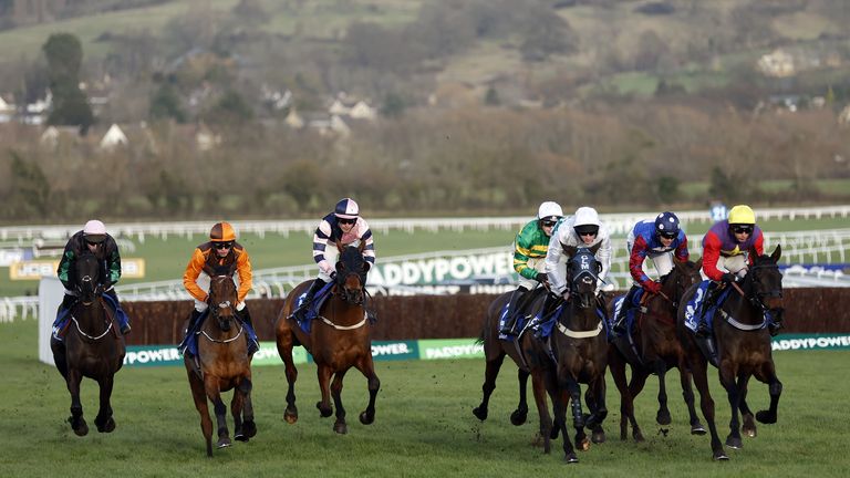 Veterans Noble Yeats (orange and brown silks) is victorious in the the McCoy Contractors Cleeve Hurdle. 