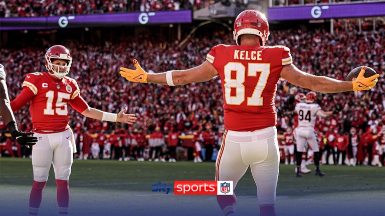 Kansas City Chiefs tight end Travis Kelce celebrates after catching a 5-yard touchdown pass from quarterback Patrick Mahomes during the first half of the AFC championship NFL football game against the Cincinnati Bengals