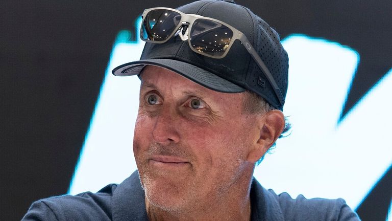 Captain Phil Mickelson of HyFlyers GC seen at the Semifinal Team Selection Press Conference during the quarterfinals of the LIV Golf Team Championship Miami at the Trump National Doral on Friday, October 20, 2023 in Miami, Florida. (Photo by Scott Taetsch/LIV Golf via AP)