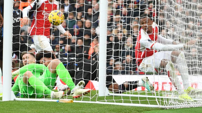 Gabriel's header deflects into the net off Crystal Palace goalkeeper Dean Henderson