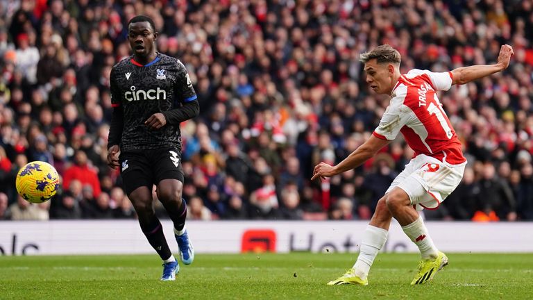 Leandro Trossard scores to give Arsenal a 3-0 lead against Crystal Palace