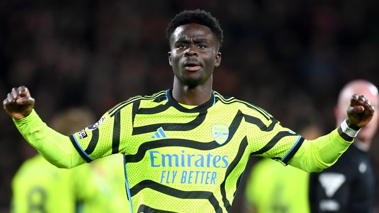 Bukayo Saka celebrates after doubling Arsenal's lead at Nottingham Forest