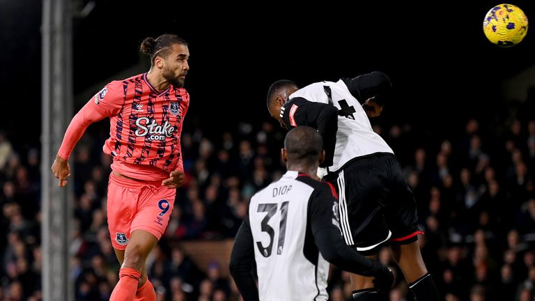 Dominic Calvert-Lewin rises to head at goal against Fulham
