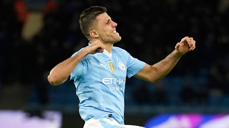 Rodri celebrates after putting Manchester City 3-0 up against Burnley