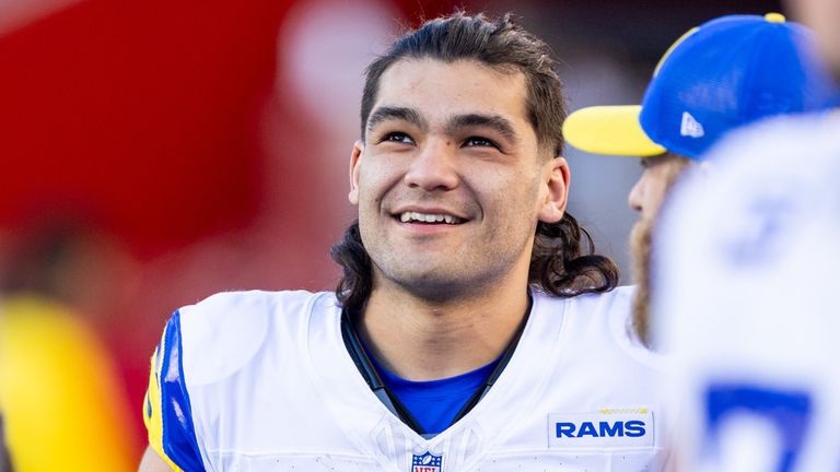SANTA CLARA, CA - JANUARY 07: Los Angeles Rams wide receiver Puka Nacua (17) celebrates his record-breaking season during the NFL professional football game between the Los Angeles Rams and San Francisco 49ers on January 7, 2024 at Lev...s Stadium in Santa Clara, CA. (Photo by Bob Kupbens/Icon Sportswire)
