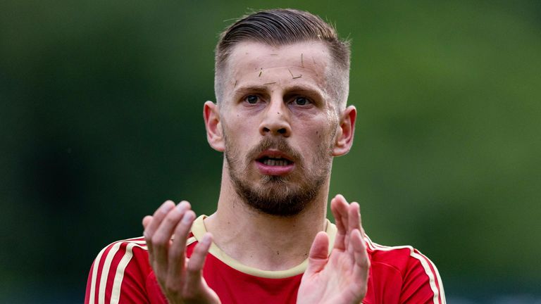 TURRIFF, SCOTLAND - JULY 12: Aberdeen&#39;s Ylber ramadani celebrates after making it 3-0 during a pre-season friendly between Turriff United and Aberdeen at The Haughs, on July 12, 2023, in Turriff, Scotland. (Photo by Craig Foy / SNS Group)