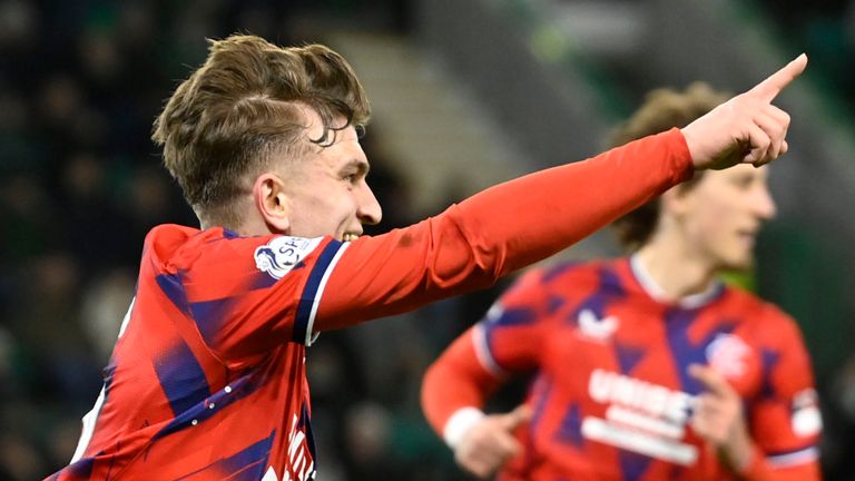 EDINBURGH, SCOTLAND - JANUARY 24: Rangers' Ridvan Yilmaz celebrates after making it 1-0  during a cinch Premiership match between Hibernian and Rangers at Easter Road, on January 24, 2024, in Edinburgh, Scotland. (Photo by Rob Casey / SNS Group)